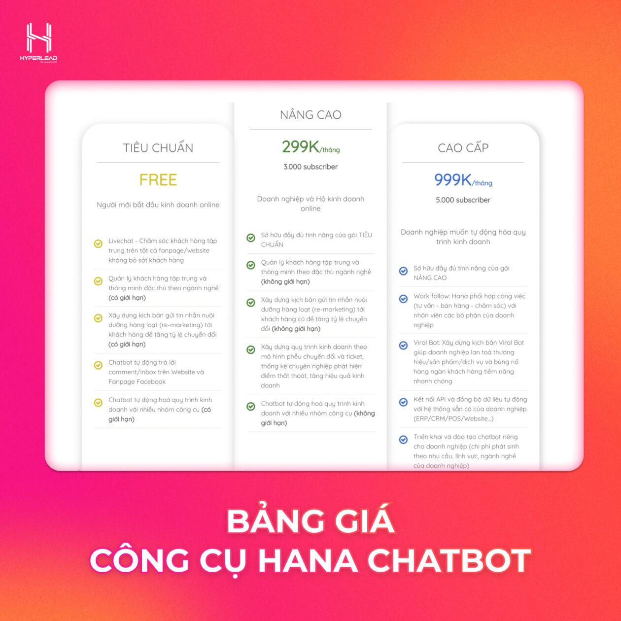công cụ chatbot - bảng giá công cụ hana chatbot