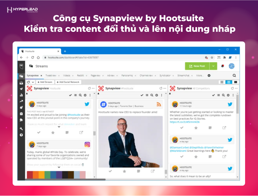 Công cụ Synapview by Hootsuite 
Kiểm tra content đối thủ và lên nội dung nháp