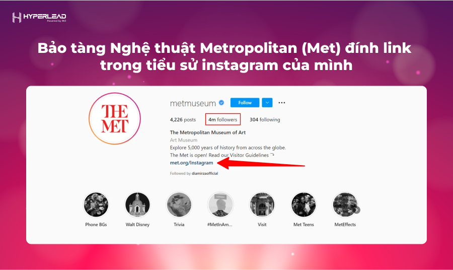 Bảo tàng Nghệ thuật Metropolitan (Met) đính link 
trong tiểu sử instagram của mình